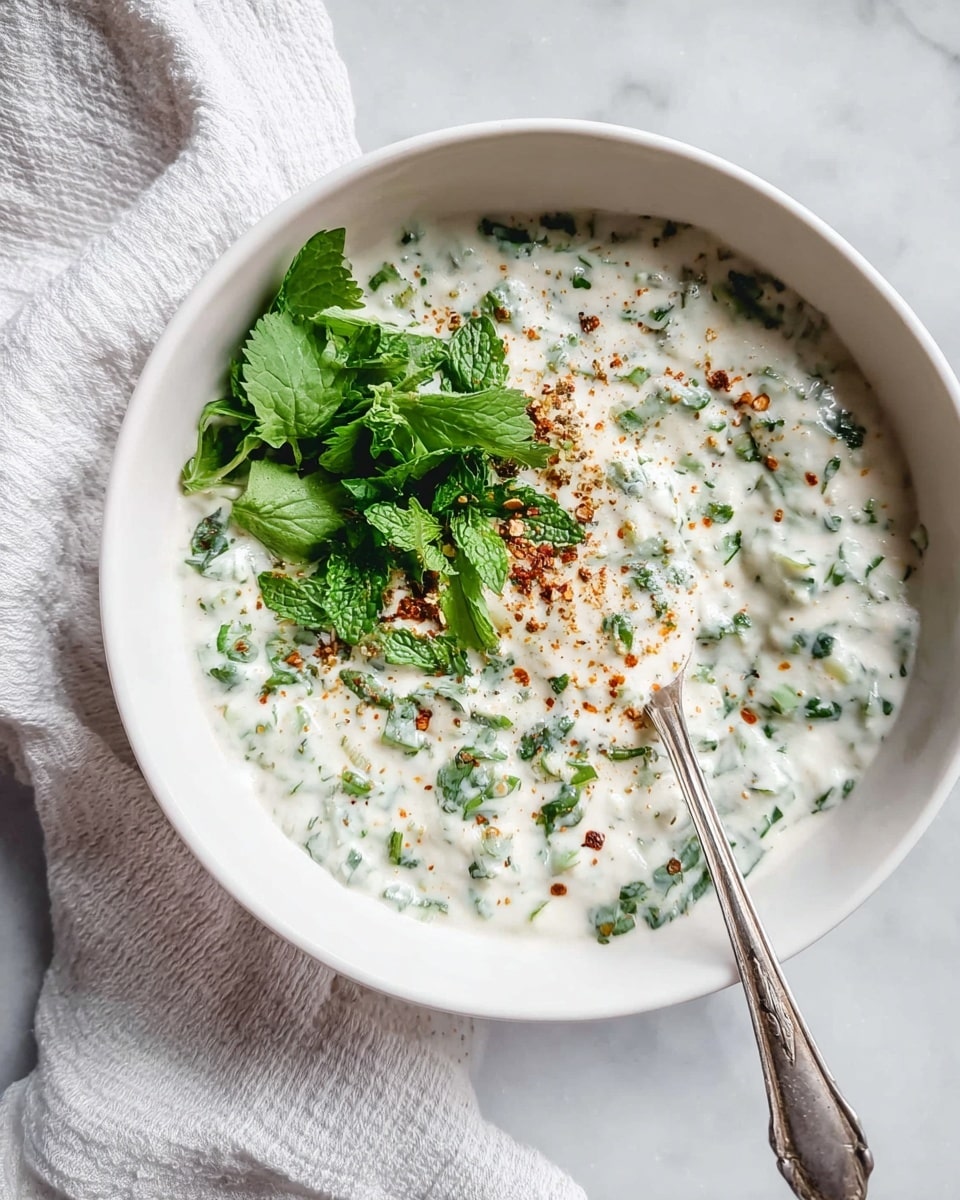 A white bowl filled with a creamy, thick white sauce mixed with small green herb pieces, mostly parsley or cilantro, spread evenly throughout. On top, there is a sprinkle of reddish-brown spice scattered lightly, and a small bunch of bright green fresh mint and cilantro leaves placed in the center. A vintage silver spoon rests inside the bowl, angled slightly to the left. The bowl sits on a white marbled surface with a soft, textured white cloth partially visible in the background. photo taken with an iphone --ar 4:5 --v 7
