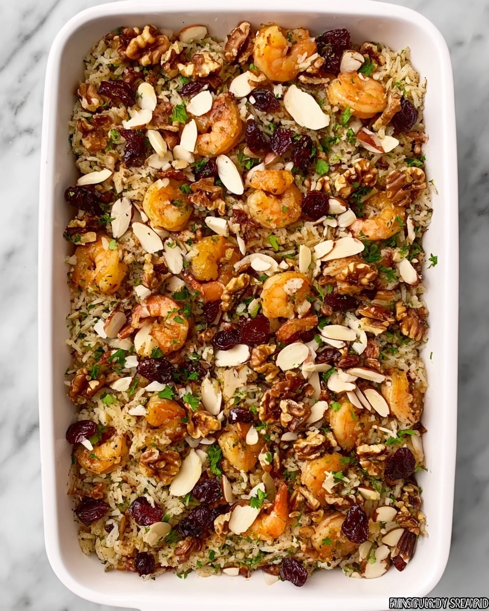 A close view of a wooden spoon lifting a mix of cooked rice, small brown crispy sausage pieces, sliced celery, small yellow cubed vegetables, dried dark red cranberries, thin white almond slices, and finely chopped green herbs, all mixed well with visible seasoning and some pink onion bits. The background shows the same mix spread out on a white marbled surface. photo taken with an iphone --ar 4:5 --v 7