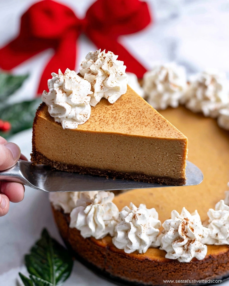 A close-up of a slice of pumpkin cheesecake with two visible layers: a thick, smooth, light brown pumpkin filling on top and a darker brown, slightly crumbly crust at the bottom. The cheesecake slice is decorated with several dollops of white whipped cream along the edge, lightly dusted with cinnamon. The slice is being held by a woman's hand using a metal spatula, positioned over a whole cheesecake with more whipped cream on the edge. The background is a white marbled surface with a green leaf and a bright red ribbon bow nearby. Photo taken with an iphone --ar 4:5 --v 7