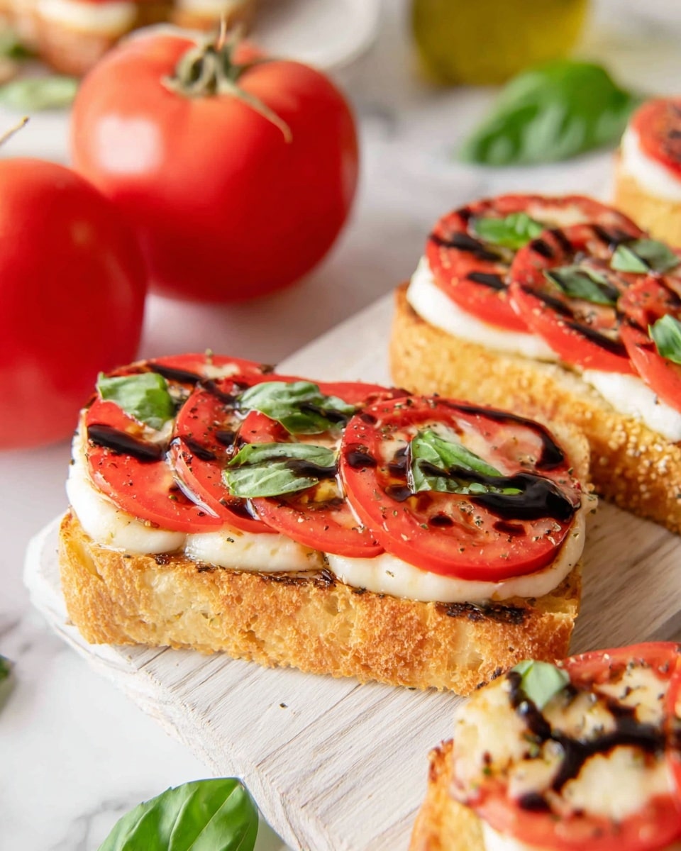 The image shows two slices of toasted bread topped with three layers: the bottom layer is light golden toasted bread with a slightly rough texture, the middle layer consists of smooth, white melted mozzarella cheese, and the top layer features bright red tomato slices evenly spaced across the bread. On top of the tomatoes, there are small green basil leaves scattered, and the whole toast is drizzled with a dark balsamic glaze that creates contrast against the cheese and tomatoes. In the background, there are two whole red tomatoes and additional slices of the same toast on a white wooden surface. The setting is on a white marbled texture. photo taken with an iphone --ar 4:5 --v 7