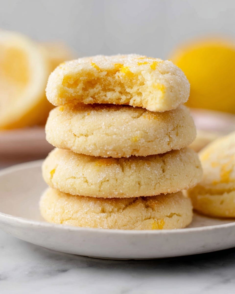 A stack of four round, thick lemon sugar cookies sits on a white plate placed on a white marbled surface. Each cookie is light golden with a slightly grainy texture from the sugar coating, and the edges are rough but neat. Behind the stack, to the right, is a clear view of a lemon half with bright yellow skin and juicy inner segments. In the background to the left, there is a white plate filled with more lemon sugar cookies, slightly out of focus. The overall scene is bright and clean with soft natural light highlighting the cookies' sugary texture. photo taken with an iphone --ar 4:5 --v 7