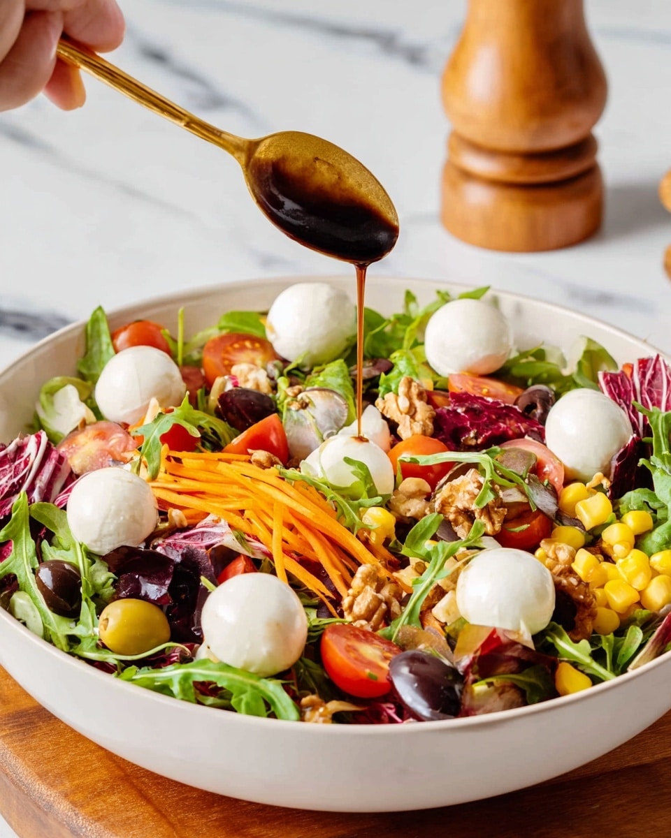 A white bowl filled with a colorful salad showing about four layers: the base layer has bright green arugula and darker red-purple radicchio leaves; on top are slices of orange shredded carrot, yellow corn kernels, and halved cherry tomatoes in bright red; scattered black olives and pieces of light brown walnuts add texture, and several white round mozzarella balls sit evenly spaced across the salad. A woman's hand holds a small gold spoon pouring thick balsamic dressing in a rich dark brown color over the top. The bowl sits on a white marbled surface with a wooden pepper grinder blurred in the background. photo taken with an iphone --ar 4:5 --v 7