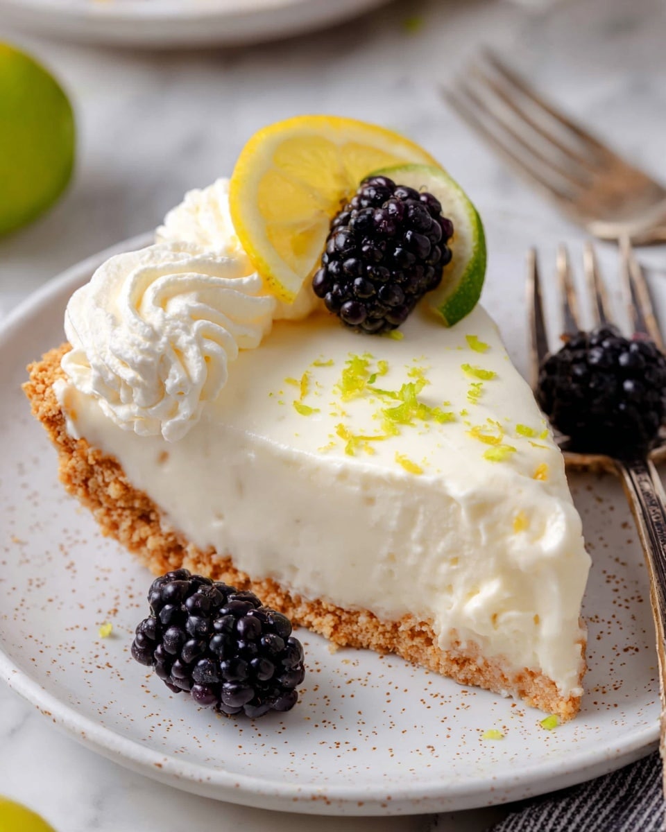 A slice of creamy white pie with a crumbly light brown crust forms the base layer, topped by a thick, smooth, and slightly textured white filling. The top is decorated with a swirl of whipped cream along the upper edge, garnished with a thin yellow lemon slice, a dark purple blackberry, and a green lime wedge. Bright green and yellow zest sprinkles cover the surface of the pie, adding a fresh look. The slice sits on a white plate with small brown speckles, surrounded by a few more blackberries, and an old silver fork is positioned to the right. The setting features a white marbled texture underneath. Photo taken with an iphone --ar 4:5 --v 7