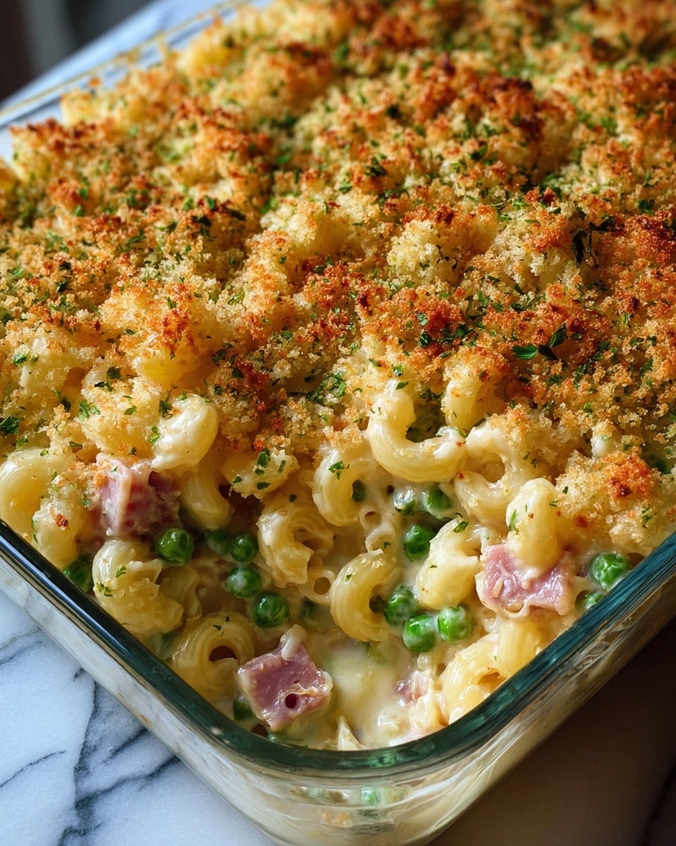 A close-up view of a baked pasta dish in a clear glass rectangular dish with a white marbled surface underneath. The dish has three visible layers: at the bottom, creamy light yellow sauce coats pale yellow elbow macaroni pasta mixed with bright green peas and small pink cubes of ham; the middle layer is thick and creamy, blending smoothly with the pasta; the top layer is golden-brown toasted breadcrumbs with green herbs sprinkled evenly, creating a crunchy texture over the soft pasta underneath. photo taken with an iphone --ar 4:5 --v 7