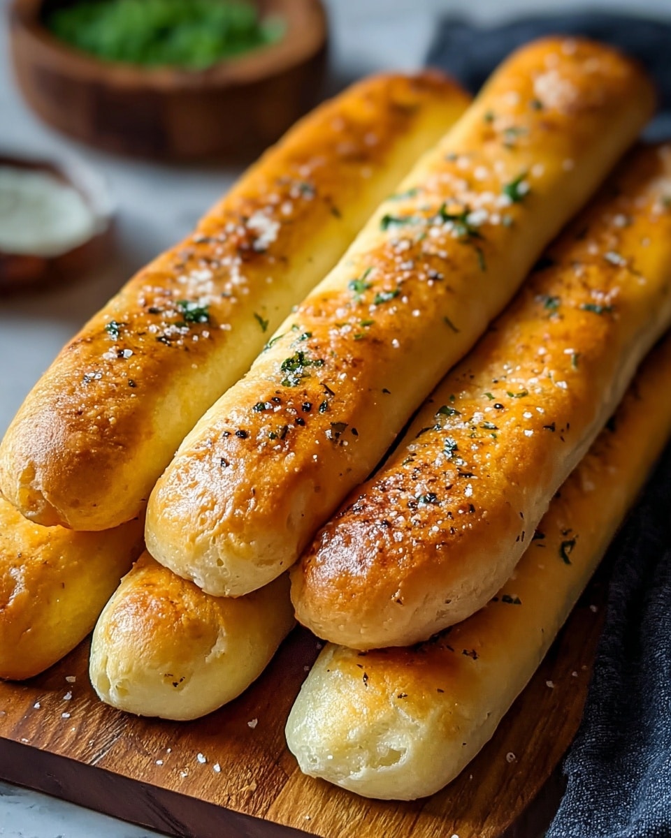 The image shows a close-up of five golden brown breadsticks arranged on a wooden board over a white marbled surface. Each breadstick has a shiny, slightly crispy top layer sprinkled with coarse salt and small green herb flakes, while the sides and ends are soft with visible air pockets inside. The breadsticks lay parallel and close to each other, with a blurred bowl of green herbs visible in the background. Photo taken with an iphone --ar 4:5 --v 7