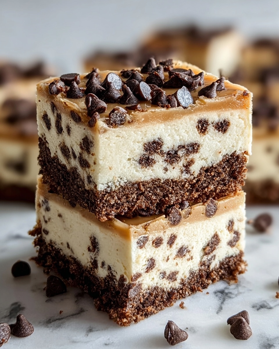 Two square pieces of dessert are stacked on a white marbled surface. Each piece has three layers: the bottom layer is a dark brown crumbly crust, the middle layer is thick and creamy white with small dark chocolate spots inside, and the top layer is a smooth caramel color with a few scattered shiny chocolate chips. Around the pieces are a few loose chocolate chips and crumbs. The edges of the dessert are slightly rough, showing the crumbly texture. photo taken with an iphone --ar 4:5 --v 7