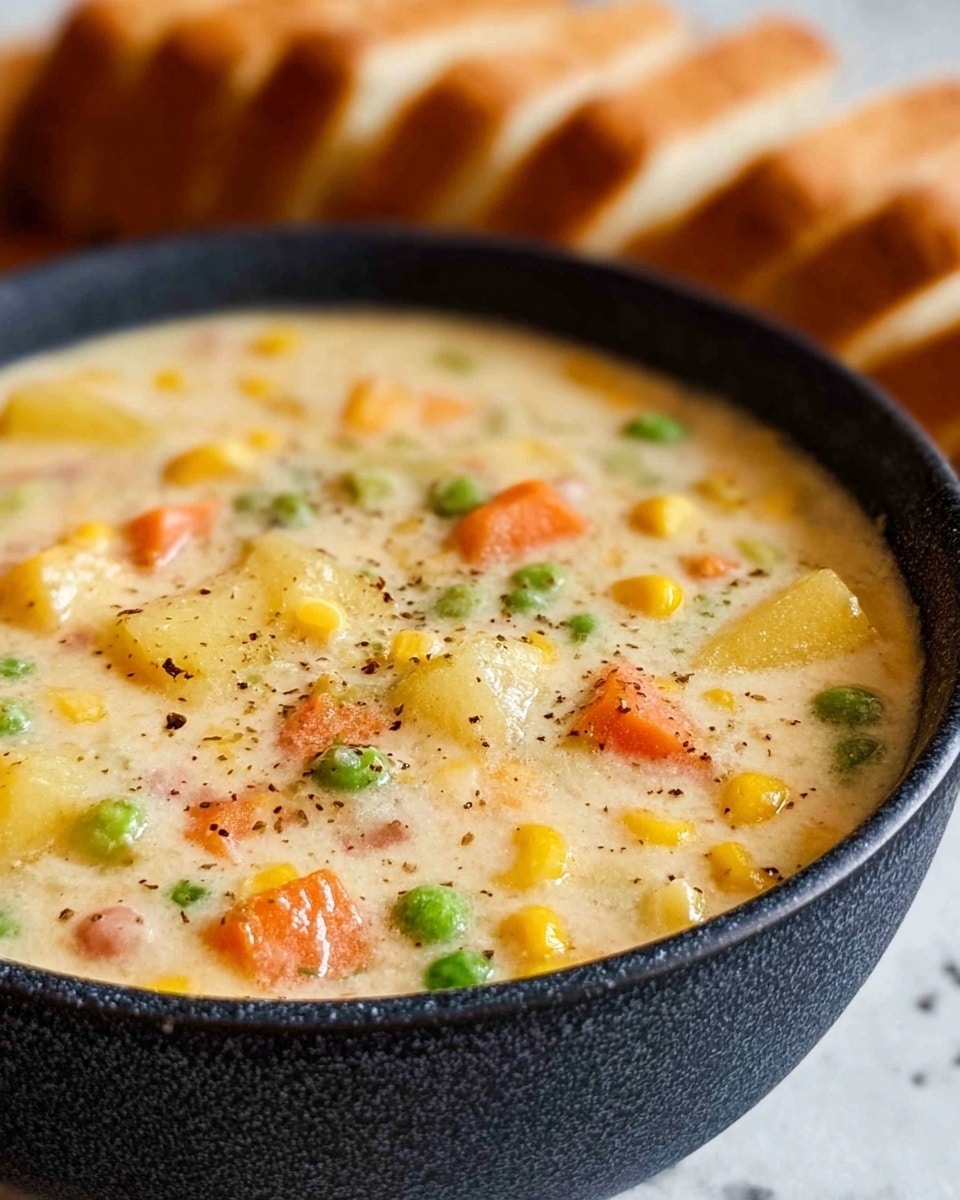 A close-up view of a creamy vegetable soup in a white bowl filled to the top with a thick, pale yellow broth. Inside, bright chunks of orange carrots, yellow corn kernels, and green peas float throughout, their colors contrasting with the smooth soup. The surface of the soup is sprinkled lightly with black pepper. Behind the bowl, there is a piece of bread with a golden brown crust, resting on a white marbled surface. photo taken with an iphone --ar 4:5 --v 7