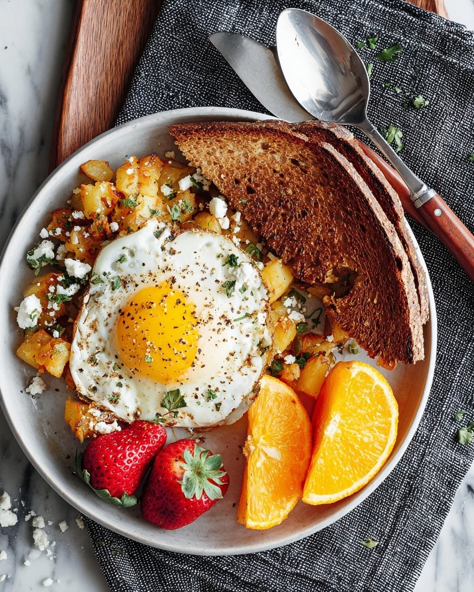A white plate shows a breakfast with three main parts: two slices of toasted brown bread cut diagonally and placed on the right side, a layer of golden-brown cooked potatoes mixed with small bits of herbs and crumbled white cheese on the left, topped with a sunny-side-up fried egg with a bright yellow yolk speckled with black pepper centered on the plate. On the lower right of the plate, there are three fresh red strawberries with green tops and two thick wedges of bright orange slices. The plate is on a white marbled surface, with a dark gray textured napkin under the cutlery that includes a silver fork and spoon with brown wooden handles at the top. Small green herb bits and white cheese crumbs are scattered around. Photo taken with an iphone --ar 4:5 --v 7