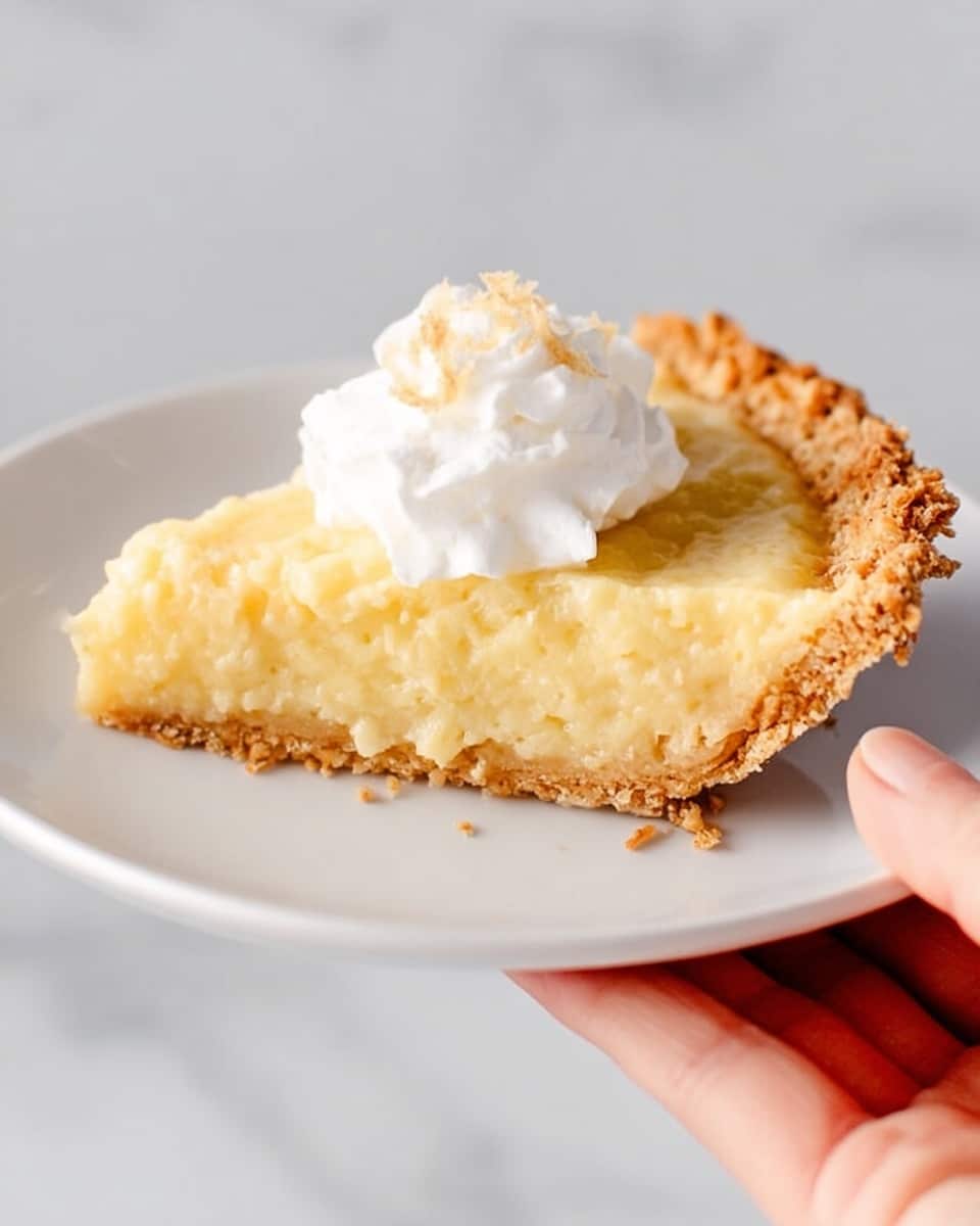 A slice of pie with a thick, yellowish creamy filling that looks soft and smooth in texture, resting on a white plate with a crumbly, golden-brown crust around the edges. On top of the pie slice is a small dollop of white whipped cream with a few tiny light brown bits, adding a fluffy and light feel. The white plate is held by a woman's hand on the right side, and the background is a white marbled surface. photo taken with an iphone --ar 4:5 --v 7