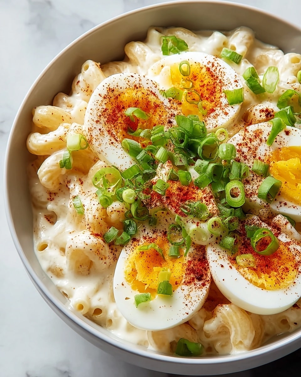 A white bowl filled with creamy macaroni pasta as the base layer, covered in a smooth, white sauce with a slightly thick texture. On top, there are several halved hard-boiled eggs showing bright yellow yolks and firm whites. The eggs are sprinkled with red paprika powder, adding a pop of color. Freshly chopped green onions with their green rings sit atop the eggs and pasta, adding a fresh and vibrant layer. The bowl is placed on a white marbled surface. photo taken with an iphone --ar 4:5 --v 7