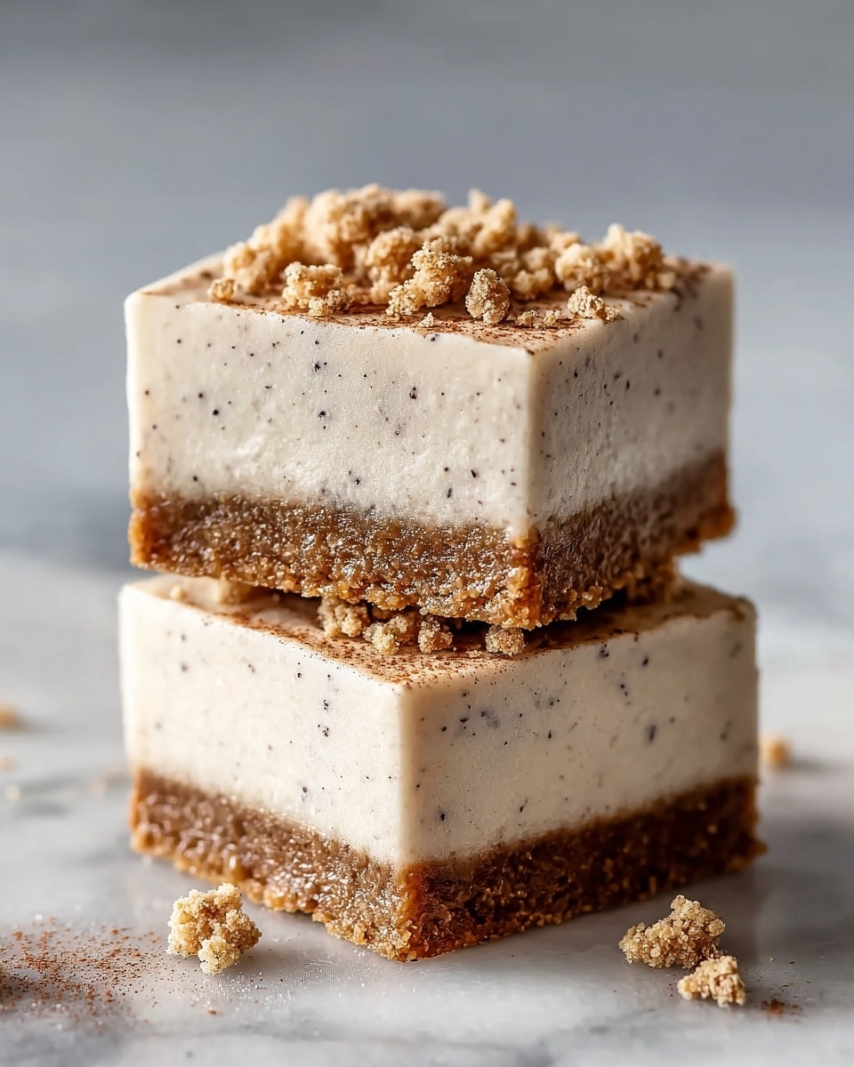 Two square dessert bars stacked on top of each other on a white marbled surface, each bar has two layers: a thick, smooth, light beige cream layer on top with tiny dark specks, and a dense, crumbly, medium brown crust layer at the bottom. The top bar is sprinkled with small crumb clusters and a light dusting of brown powder. Photo taken with an iphone --ar 4:5 --v 7