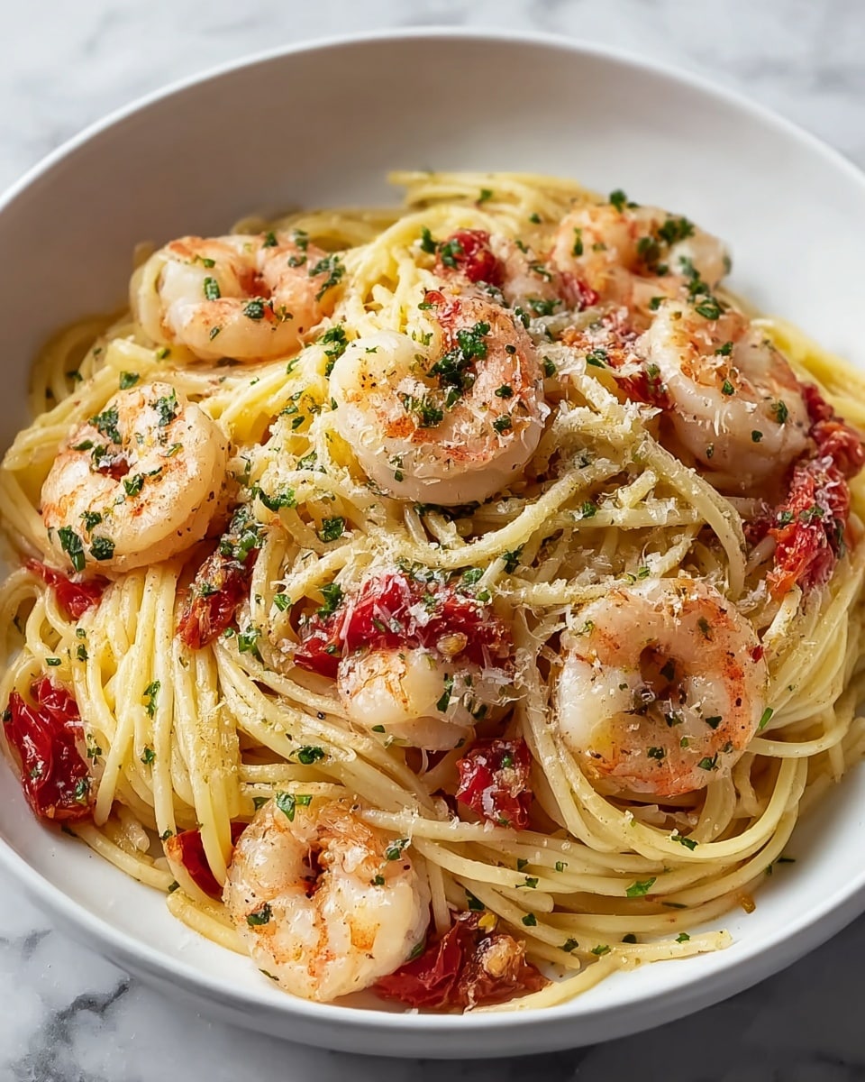 A white bowl filled with a dish of spaghetti pasta twisted and layered in a loose pile, pale yellow with a glossy texture. Scattered throughout are plump, pink shrimp with a slight char and sprinkled with chopped green herbs. Bright red pieces of roasted tomatoes add bursts of color mixed evenly among the noodles. Light seasoning of black pepper and shredded parmesan cheese is visible across the dish. The bowl sits on a white marbled surface. photo taken with an iphone --ar 4:5 --v 7