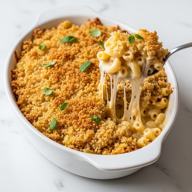 A white oval dish filled with baked macaroni and cheese, showing two main layers: a top layer of golden brown, crispy breadcrumb crust sprinkled with small green herb leaves, and underneath a creamy, melted cheese sauce with pale yellow macaroni pasta. A silver spoon lifts a scoop from the dish, revealing stretchy, gooey cheese strings connecting the spoonful to the rest beneath the crust. The dish rests on a white marbled surface. Photo taken with an iphone --ar 4:5 --v 7
