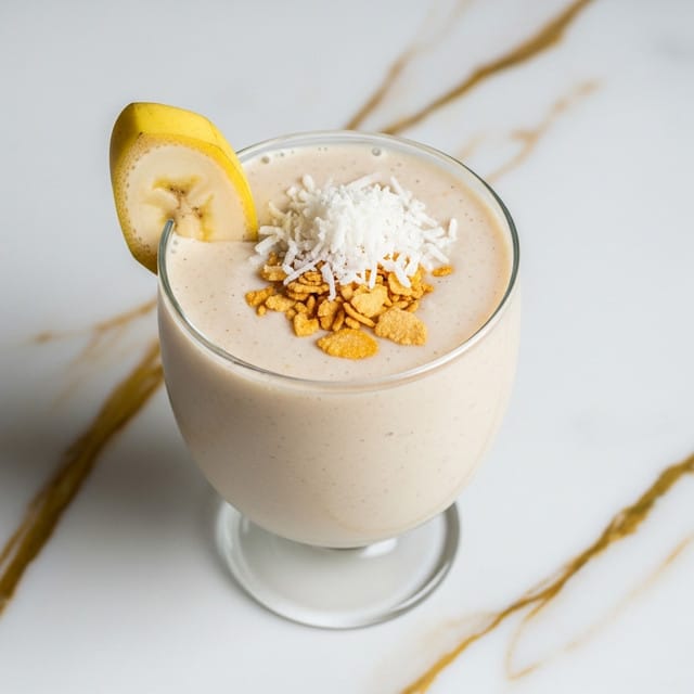A clear stemmed glass filled with a creamy, light beige smoothie is shown centered on a white marbled surface with gold veins. The smoothie is smooth in texture and topped with a small pile of shredded white coconut and light brown toasted flakes placed in the middle. A single banana slice with pale yellow skin and cream-colored inside rests at the edge of the glass, leaning slightly inward. Soft natural light highlights the smooth surface of the drink, making it look fresh and inviting. Photo taken with an iphone --ar 4:5 --v 7
