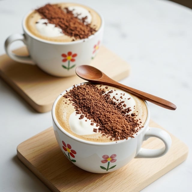 Two cups of frothy coffee with layers starting with a smooth light beige foam on top, sprinkled with thin, dark brown chocolate shavings mainly on one half, and a small dollop of white cream near the center. One cup has a small wooden spoon resting across its rim. Both cups are white with tiny hand-painted flowers in blue and pink scattered around the surface. Each cup sits on a light wooden board, all placed on a white marbled texture. Photo taken with an iphone --ar 4:5 --v 7
