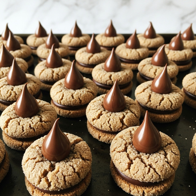 The image shows many small round cookies arranged closely together. Each cookie has two layers: the bottom layer is a golden brown baked dough with a soft texture and a slight sugar coating, and the top layer is a smooth, shiny cone-shaped piece of dark chocolate placed in the center. The cookies are displayed on a surface with a white marbled texture. photo taken with an iphone --ar 4:5 --v 7