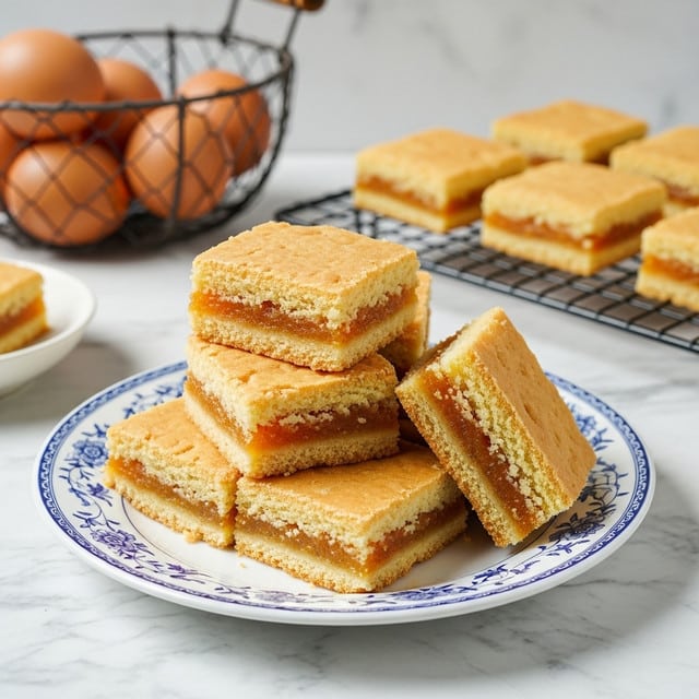 A stack of five square-shaped cake bars is placed on a white plate with blue floral patterns and a brown rim. Each bar has two layers: a smooth, thick pale yellow cake base and a slightly darker brown filling layer at the top, slightly exposed on some bars. The texture of the cake looks soft and crumbly, while the filling appears moist and jam-like. In the background, more bars are cooling on a black wire rack, and a basket filled with brown eggs is partially visible. The setting includes a woven brown mat and a white marbled surface underneath. photo taken with an iphone --ar 4:5 --v 7