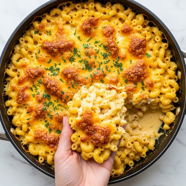 A close-up view of a deep round white pan filled with creamy macaroni and cheese. The dish has a thick top layer of melted golden-brown cheese with some crispy spots and is sprinkled with small green herb pieces on top. The macaroni underneath is coated with smooth, rich cheese sauce, visible where the dish is slightly stirred. The pan sits on a white marbled surface. photo taken with an iphone --ar 4:5 --v 7