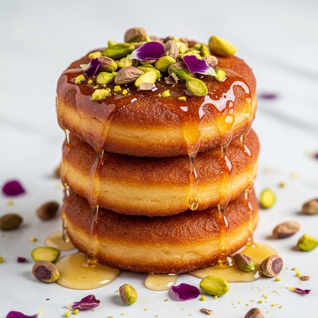 A stack of four golden-brown, round fried cakes with a crispy outer layer and soft texture inside, each cake thick and slightly uneven, stacked vertically on a white marbled surface. The top cake is covered with chopped green pistachios and purple edible flower petals. Honey or syrup is slowly dripping down the sides of the cakes, pooling at the base and creating a glossy shine. Scattered pistachios and flower petals surround the stack, adding color and texture contrast. Photo taken with an iphone --ar 4:5 --v 7
