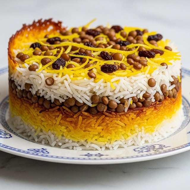 A close-up of a white plate with blue patterns holds a layered rice dish. The bottom layer is golden and crispy with a slightly burnt texture, curling upward on the left side. Above this is a mixture of long, fluffy rice grains in white and yellow shades, scattered with small brown lentils and dark brown raisins. Thin strands of yellow zest or peel add brightness among the rice and lentils. The whole dish sits on a white marbled surface. photo taken with an iphone --ar 4:5 --v 7
