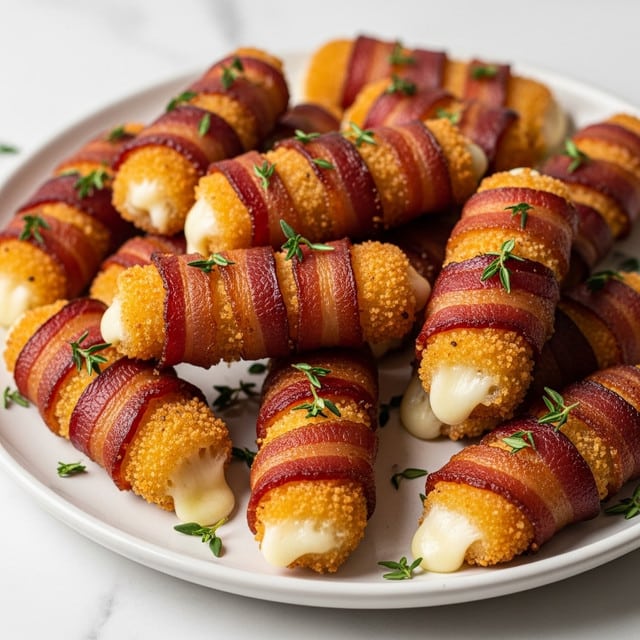 A white plate filled with multiple bacon-wrapped cheese sticks, each stick showing a crispy, golden-brown crumb coating and slightly melted, white cheese oozing out from the ends. The bacon is cooked to a deep red-brown color, wrapped tightly around each stick in thick stripes. Fresh green thyme sprigs are scattered on top and around the cheese sticks, adding a touch of brightness to the warm tones. The plate rests on a white marbled surface, enhancing the natural colors of the food. photo taken with an iphone --ar 4:5 --v 7