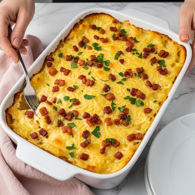 A white rectangular baking dish filled with a creamy, golden baked casserole. The top layer is smooth and cheesy with a slight browning around some edges, showing melted cheese spots in light yellow and white tones. Scattered small pieces of crispy, golden brown bacon are spread evenly across the surface, along with fresh green parsley sprinkled on top. The dish is placed on a white marbled surface with a soft pink cloth underneath on one side and a plain white plate nearby. photo taken with an iphone --ar 4:5 --v 7