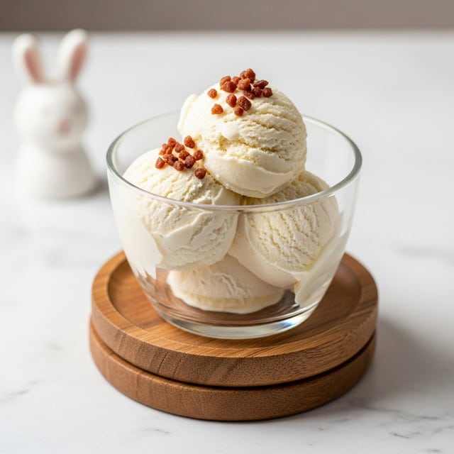 The image shows a clear glass dessert cup with three scoops of pale vanilla ice cream inside. On top of the ice cream, there is a small pile of crumbled brown bits, likely a crunchy topping, adding a chewy texture. The glass cup sits on two round wooden coasters stacked on a white marbled surface. In the background, there is a small white rabbit figure and a blurry amber-colored bottle, giving a cozy feel. Photo taken with an iphone --ar 4:5 --v 7