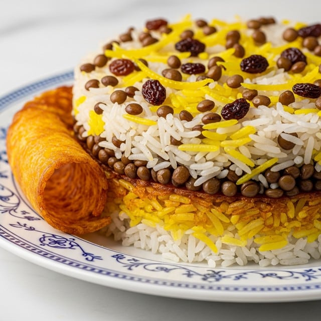 A close-up view of a dish on a white plate with blue patterns showing a fluffy mix of white and yellow rice grains with small dark brown lentils scattered throughout. On top of the rice sit dark brown raisins and thin, bright yellow slivers, likely lemon peel, adding contrast. To the left side lies a large, crispy, golden-brown crust with a textured surface. The dish is placed on a white marbled texture. photo taken with an iphone --ar 4:5 --v 7