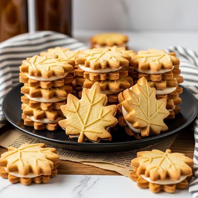 A close-up view on a dark plate filled with stacks of maple leaf-shaped sandwich cookies, each cookie made of two golden-brown, slightly textured layers with white creamy filling in between. The cookies have detailed leaf veins and scalloped edges, some stacked neatly while others lean casually. The plate sits on top of a piece of old paper on a wooden table, with blurred bottles in the background and a striped cloth on the side, all on a white marbled texture. photo taken with an iphone --ar 4:5 --v 7