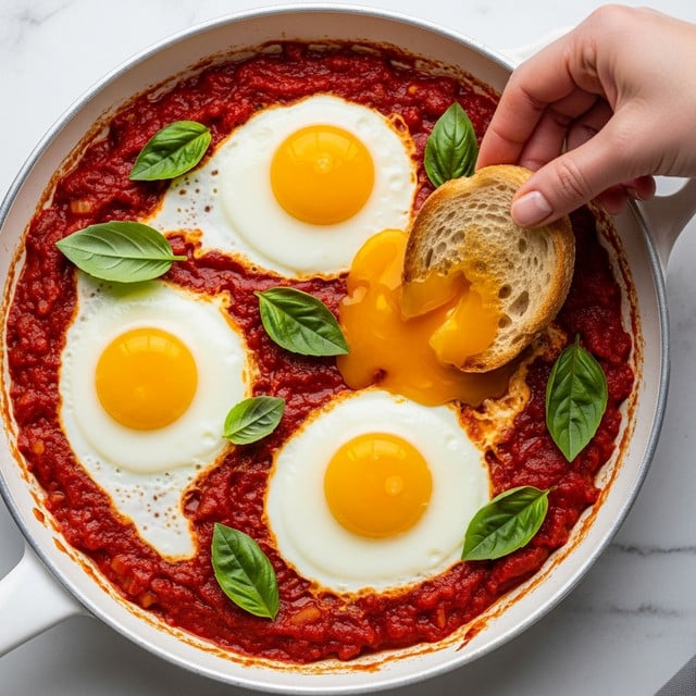 A white skillet filled with a rich red tomato sauce layer that has a chunky texture; on top, three fried eggs with bright white edges and glossy, slightly runny yolks, two of them fully intact and one with yolk breaking apart spreading golden yellow; bright green basil leaves are scattered across for color contrast; a woman's hand is dipping a piece of toasted bread with a light brown crust and soft interior into the yolk; the skillet sits on a white marbled surface. photo taken with an iphone --ar 4:5 --v 7