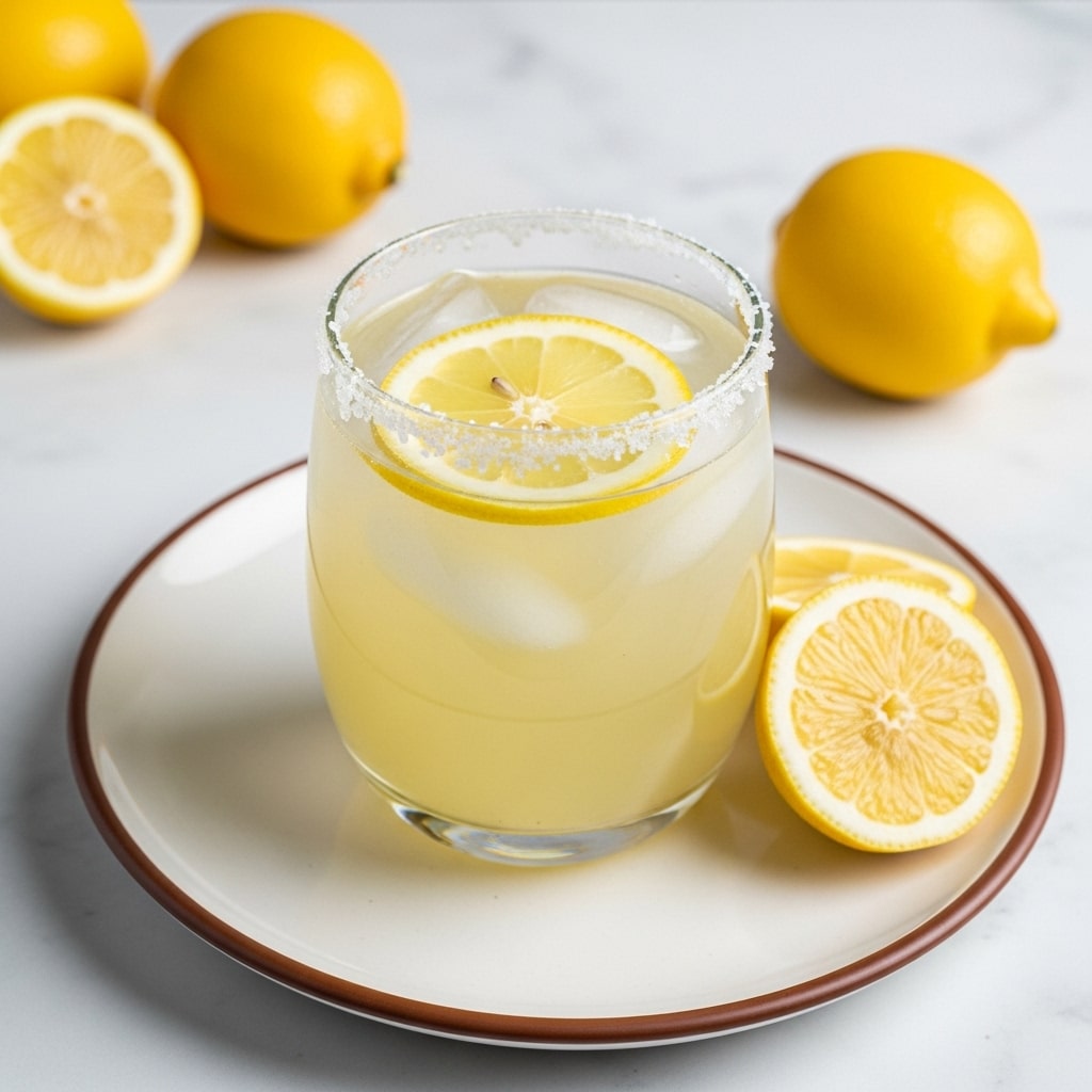 The image shows a clear glass filled with light yellow lemonade and ice cubes. The glass rim is covered with white coarse salt. On top of the drink, there is a thin lemon slice floating. The glass is placed inside a round white plate with a brown edge, and next to it are two lemon wedges. The background is white marbled, and there are whole lemons partially visible in the back. Photo taken with an iphone --ar 4:5 --v 7