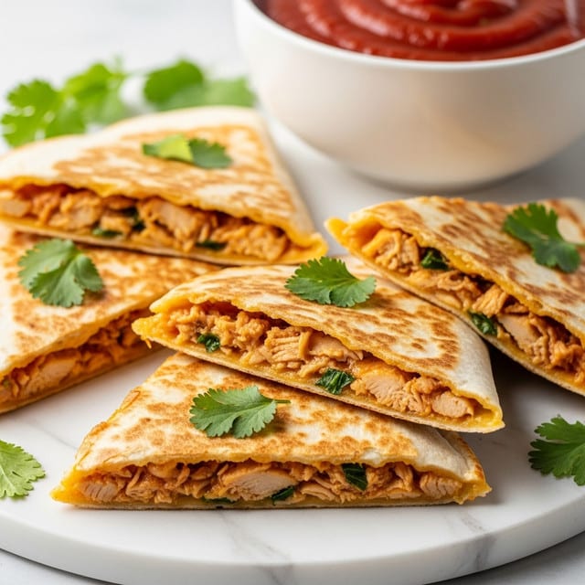 This image shows several quesadilla slices arranged on parchment paper over a wooden board with a white marbled background. Each quesadilla is folded into a semi-circle with a thin, light beige outer layer that is toasted to a golden brown with some darker char marks. Inside, there is a visible filling of shredded chicken mixed with melted cheese and hints of red sauce, giving an orange and creamy texture in between the layers. Green cilantro leaves are scattered around for garnish. In the top left corner, there is a small white bowl filled with thick reddish-brown sauce, likely barbecue or salsa. Photo taken with an iphone --ar 4:5 --v 7