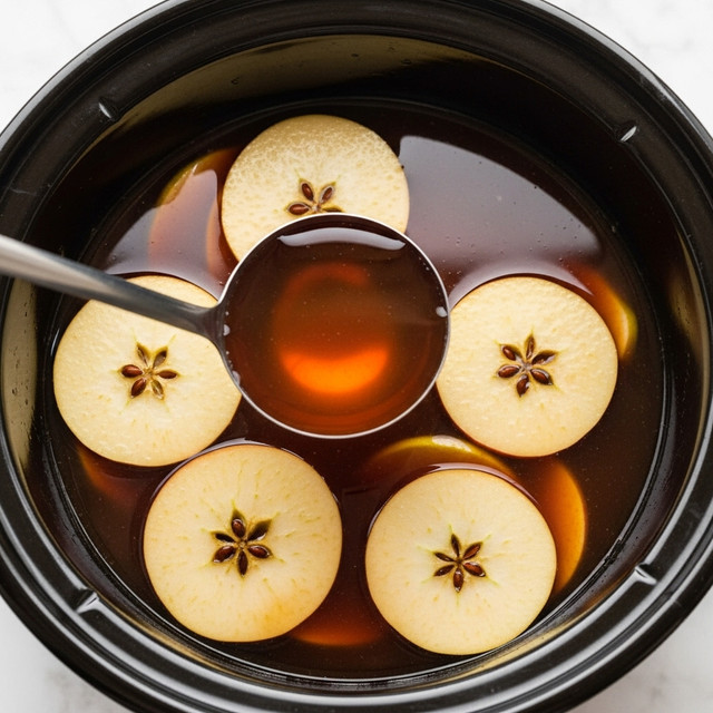 A close-up view of a black slow cooker filled with dark brown liquid, with four thin apple slices floating on the surface, showing light yellow centers with red edges and visible seeds. A shiny silver ladle scoops up some of the liquid, reflecting warm light. The slow cooker sits on a white marbled surface. Photo taken with an iphone --ar 4:5 --v 7