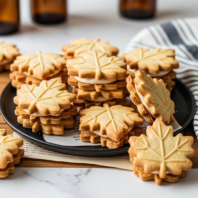 The image shows several stacks of maple leaf-shaped sandwich cookies on a round white plate, all placed on a white marbled surface. Each cookie stack consists of two golden-brown cookies with a smooth, creamy white filling layer in between. The cookies have visible veins and detail to mimic real maple leaves. Some cookie pairs are standing upright leaning on each other, while others lie flat in the foreground. The background is softly blurred with some dark objects and a striped cloth visible near the plate's edge. photo taken with an iphone --ar 4:5 --v 7