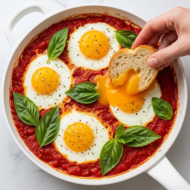 A white pan filled with a rich red tomato sauce that has a chunky texture, topped with three fried eggs with bright white edges and yolks, one yolk partially broken with runny yellow yolk flowing into the sauce. There are fresh green basil leaves placed on top of the sauce and eggs for color contrast. A woman's hand with light purple nail polish is holding a piece of toasted bread with a soft crumb, dipping it into the sauce near the broken yolk. The dish is set on a white marbled surface. photo taken with an iphone --ar 4:5 --v 7