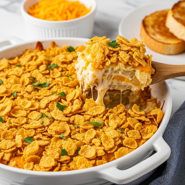 The image shows a white casserole dish filled with a baked cheesy potato casserole topped with a thick, crunchy layer of golden cornflakes, sprinkled with small green parsley leaves. A wooden spoon lifts a scoop from the dish, revealing multiple layers beneath the topping: a creamy, pale yellow potato layer mixed with melted cheese that looks smooth and gooey. In the background, there is a white bowl filled with orange shredded cheese, and to the right, part of a toasted slice of bread sits on a white marbled surface with a blue and white cloth nearby. Photo taken with an iphone --ar 4:5 --v 7