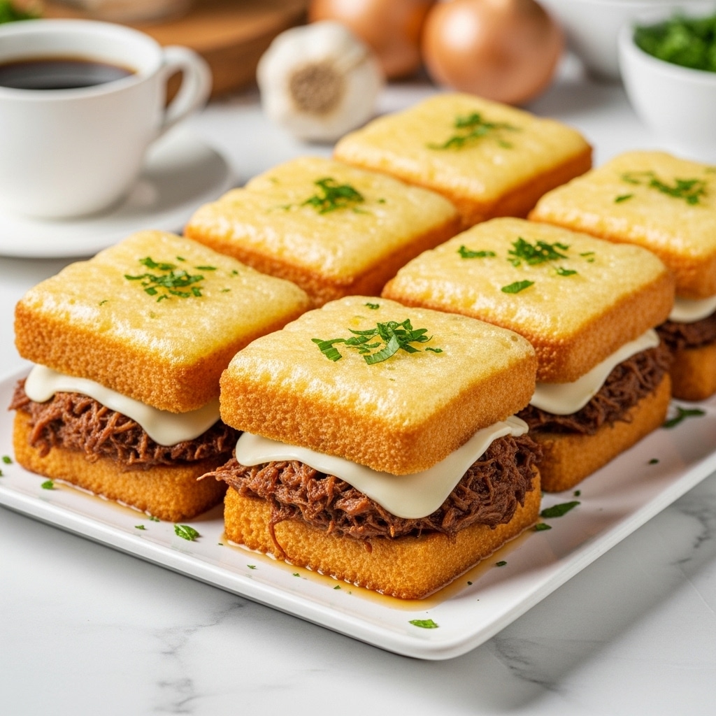 The image shows five square pieces of a layered dish on a white plate, placed on a white marbled surface. Each piece has two main layers: the bottom layer is dark brown shredded meat with visible strands, and the top layer is a golden-brown, crispy, and slightly bubbly crust. Between the meat and the crust, there is a middle creamy white layer that looks soft and smooth, slightly oozing out. The top of each piece is sprinkled with finely chopped fresh green herbs. In the background, there is a white cup with dark liquid and a few blurred objects. photo taken with an iphone --ar 4:5 --v 7