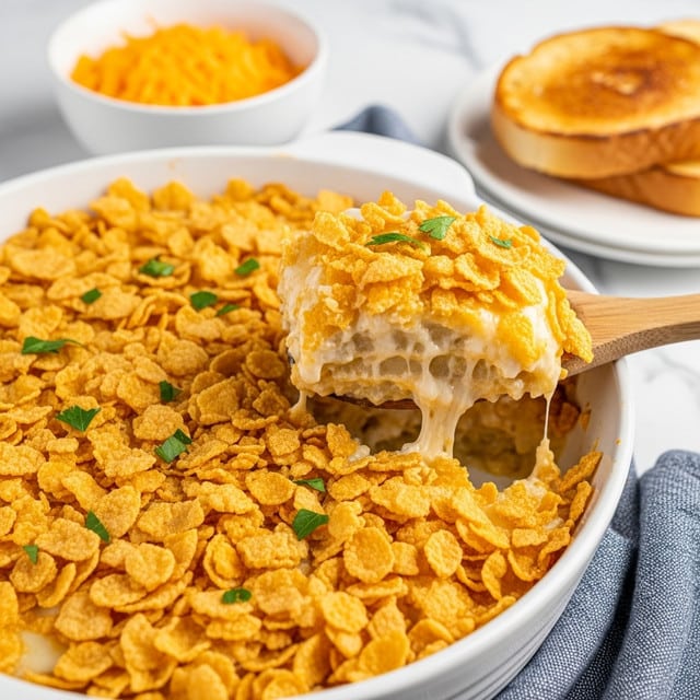 A white baking dish filled with a cheesy casserole topped with a crunchy, golden cornflake crust scattered with small green parsley leaves. The casserole has a thick, creamy interior layer of melted cheese mixed with tender pieces underneath the crispy, textured cornflake layer. A wooden spoon is lifting a portion of the casserole, showing the gooey cheese and soft, pale base underneath the crispy topping. In the background, there is a white bowl with shredded orange cheese, part of a white bottle, and a slice of toasted bread on a white marbled surface with a blue checkered cloth nearby. Photo taken with an iphone --ar 4:5 --v 7