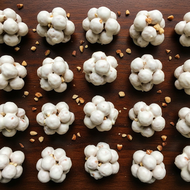 Many small, round clusters covered in a smooth, white coating are scattered across a dark wooden surface replaced with a white marbled texture. Each cluster shows uneven shapes and lumps where layers of peanuts are coated under the white layer, giving them a bumpy texture. Loose peanuts in light brown color are scattered among the clusters. Photo taken with an iphone --ar 4:5 --v 7