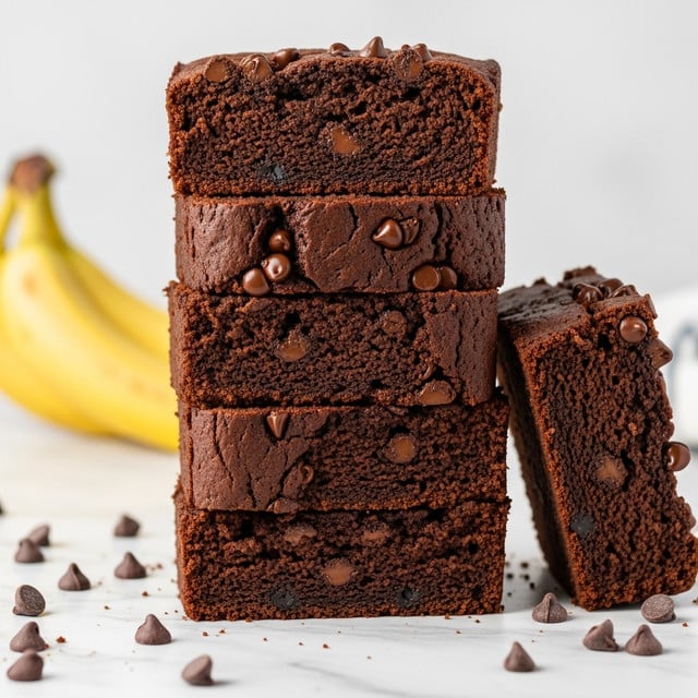 A tall stack of six thick rectangular chocolate banana bread slices is shown, each slice dark brown with a rough, crumbly texture and chocolate chips scattered throughout, some slightly melted. The stack stands on a white marbled surface with loose chocolate chips around the base on the left and a single slice leaning on the right side. Two yellow bananas lay blurred in the background, adding a touch of color. The image is clear and focused on the rich, dense texture and deep chocolate color of the bread. Photo taken with an iphone --ar 4:5 --v 7