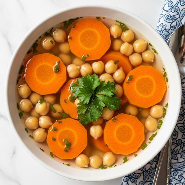 A white bowl filled with a chickpea soup, showing three clear layers: the broth on the bottom is light brown and transparent, the middle layer has round chickpeas and bright orange carrot slices floating evenly, and the top layer is garnished with fresh green parsley leaves in the center. The bowl sits on a white marbled surface with silver cutlery and a blue patterned cloth napkin nearby. The natural light highlights the colors and textures of the ingredients, making the soup look warm and inviting. Photo taken with an iphone --ar 4:5 --v 7