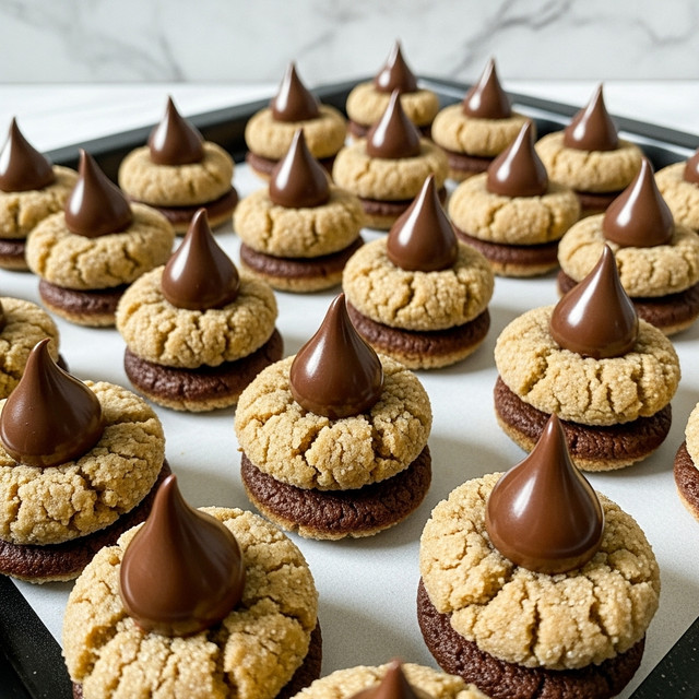 The image shows many small round cookies arranged closely together on a dark baking tray with a white marbled texture in the background. Each cookie has two layers: the bottom layer is a thick, soft, golden-brown cookie dough with a slightly cracked surface and a sugar-coated texture, while the top layer is a shiny, smooth, dark brown chocolate drop placed in the center of the cookie, standing upright with a pointed tip. The cookies are uniform in size and shape, creating a warm and inviting pattern. photo taken with an iphone --ar 4:5 --v 7
