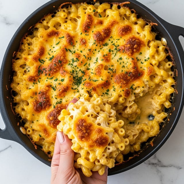 The image shows a black pan filled with creamy baked mac and cheese. The top layer is golden brown with melted cheese that is bubbly and slightly crispy, sprinkled with green herbs. Underneath, the macaroni noodles are coated in smooth, creamy cheese sauce with a rich yellow color. The pan sits on a white marbled surface with a woman's hand holding a portion of the mac and cheese in the middle, showing the soft cheesy texture inside. Photo taken with an iphone --ar 4:5 --v 7