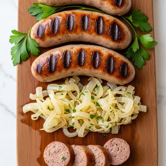 Four thick, golden-brown sausages with dark grill marks lie side by side in a rustic round pan with slight shine and texture, positioned in the center of the image. Behind the pan, a steaming black pot holds light yellow shredded cabbage with visible steam rising upward. To the right, two slices of light brown rustic bread rest stacked on a white marbled textured surface. In the left background, there is a small glass cup filled halfway with mustard seeds in golden yellow liquid. The overall warm tones highlight the juicy, grilled sausages with a cozy cooking setting. Photo taken with an iphone --ar 4:5 --v 7