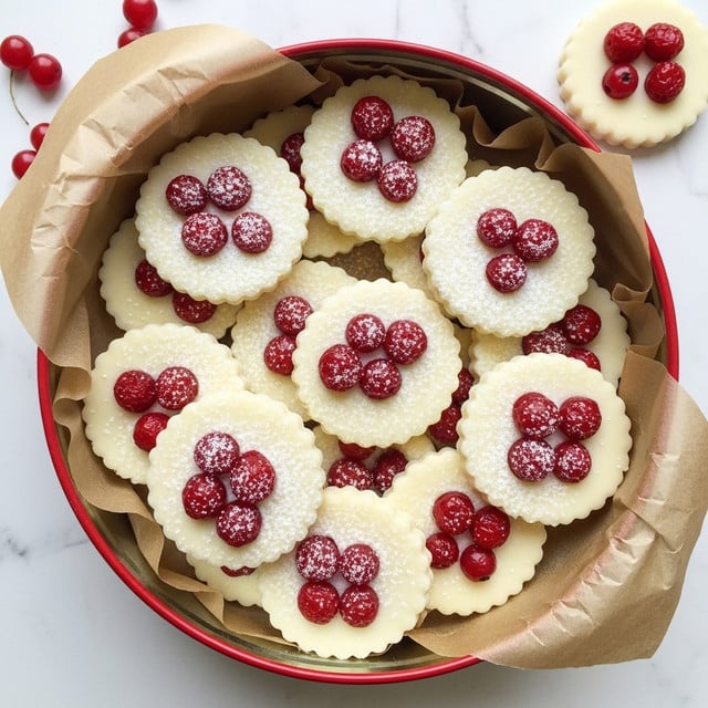 A round red container filled with round white treats, each with scalloped edges and a smooth surface, topped with small clusters of bright red berries arranged in groups of three or four. The treats have a light dusting of a white powdery substance giving a frosted look. The container is lined with crumpled brown paper, adding a rustic touch. The background shows a soft, light blue surface with a white marbled texture and scattered red berries nearby. photo taken with an iphone --ar 4:5 --v 7
