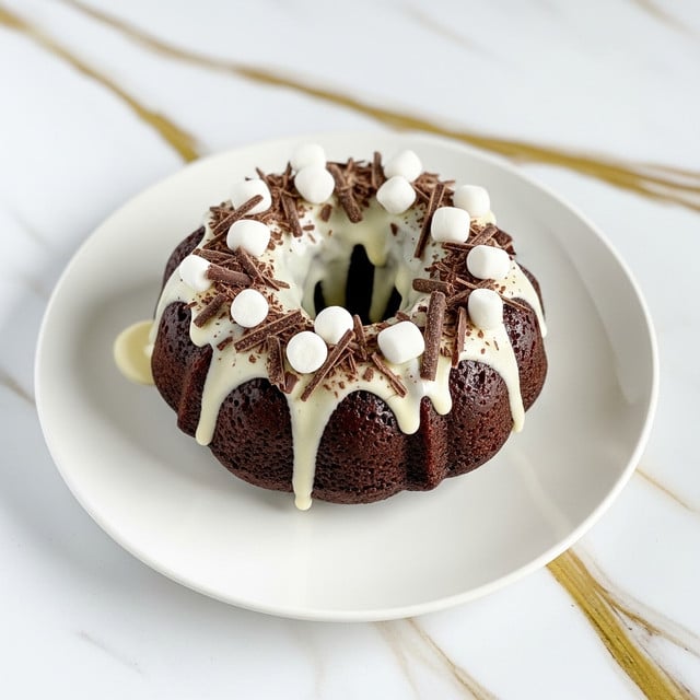 A small chocolate bundt cake sits in the middle of a plain white plate, placed on a white marbled surface with gold veins. The cake is topped with a smooth, light cream-colored glaze that flows gently over the edges. Scattered on top are small white marshmallows and thin, dark chocolate shavings that add texture and contrast to the glossy glaze. The cake’s dark, moist crumb is visible beneath the glaze, especially around the hole in the center. The overall look is neat with a touch of casual charm. photo taken with an iphone --ar 4:5 --v 7