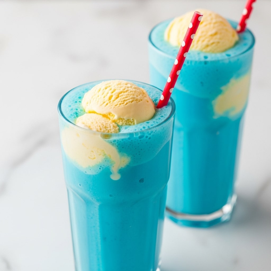 Two tall clear glasses with a bright blue milkshake filled almost to the top, each topped with a scoop of pale yellow vanilla ice cream that is slightly melting into the frothy blue layer beneath. One glass has a red and white polka dot straw inserted on the right side. The glasses are placed on a white marbled surface with a soft focus on the background. photo taken with an iphone --ar 4:5 --v 7