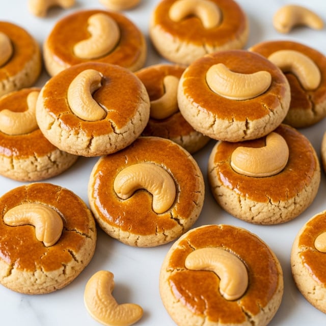 The image shows many small round cookies with a golden brown color and a shiny glaze on top. Each cookie has one curved cashew nut sitting in the center, which is lighter yellow with a smooth texture. The cookies are arranged closely on a white marbled surface, some stacked on top of others, with a few loose cashew nuts scattered around them. The cookies look soft and slightly crumbly at the edges with a smooth, glossy topping. photo taken with an iphone --ar 4:5 --v 7