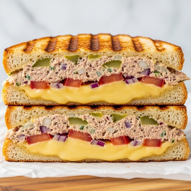 A close-up of a grilled sandwich cut in half, showing two thick layers of toasted golden-brown bread with visible grill marks on the outside. Inside, the bottom layer has melted pale yellow cheese with a smooth texture, topped with small pieces of red tomato and bits of red onion. The thick upper layer shows a creamy, chunky tuna salad mixed with small green pickles and finely chopped onions. The sandwich is placed on white parchment paper over a wooden board, with a white marbled texture in the background. photo taken with an iphone --ar 4:5 --v 7