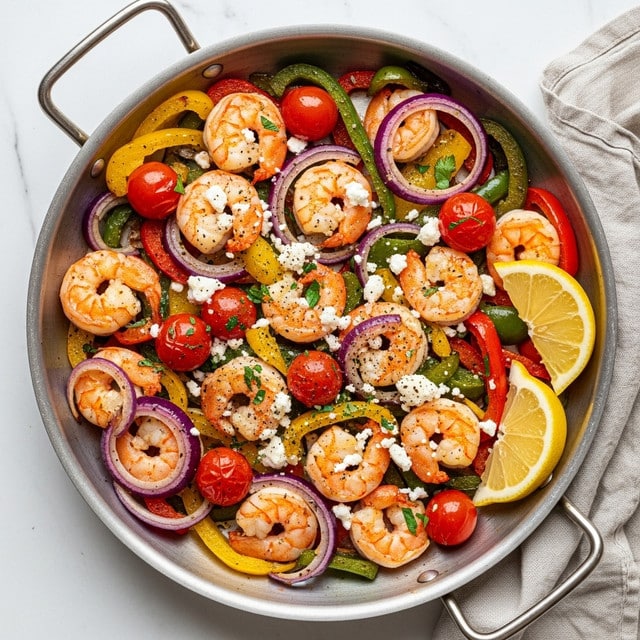 A metal pan filled with cooked shrimp that are pink and slightly charred, mixed with sliced red, yellow, and green bell peppers, and rings of purple onion. Small whole red cherry tomatoes are scattered throughout. White crumbled feta cheese is sprinkled on top along with chopped green herbs and black pepper. Two lemon wedges rest on one side of the pan. The pan is placed on a white marbled surface with a light beige cloth napkin nearby. Photo taken with an iphone --ar 4:5 --v 7